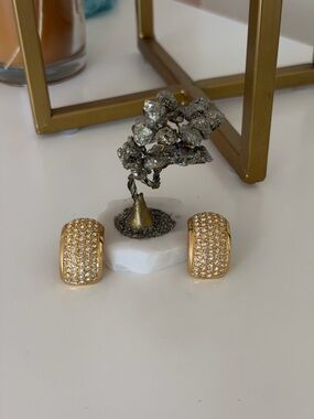 Vintage Signed Christian Dior Pavé Rhinestone Hoop Earrings - Gold Tone